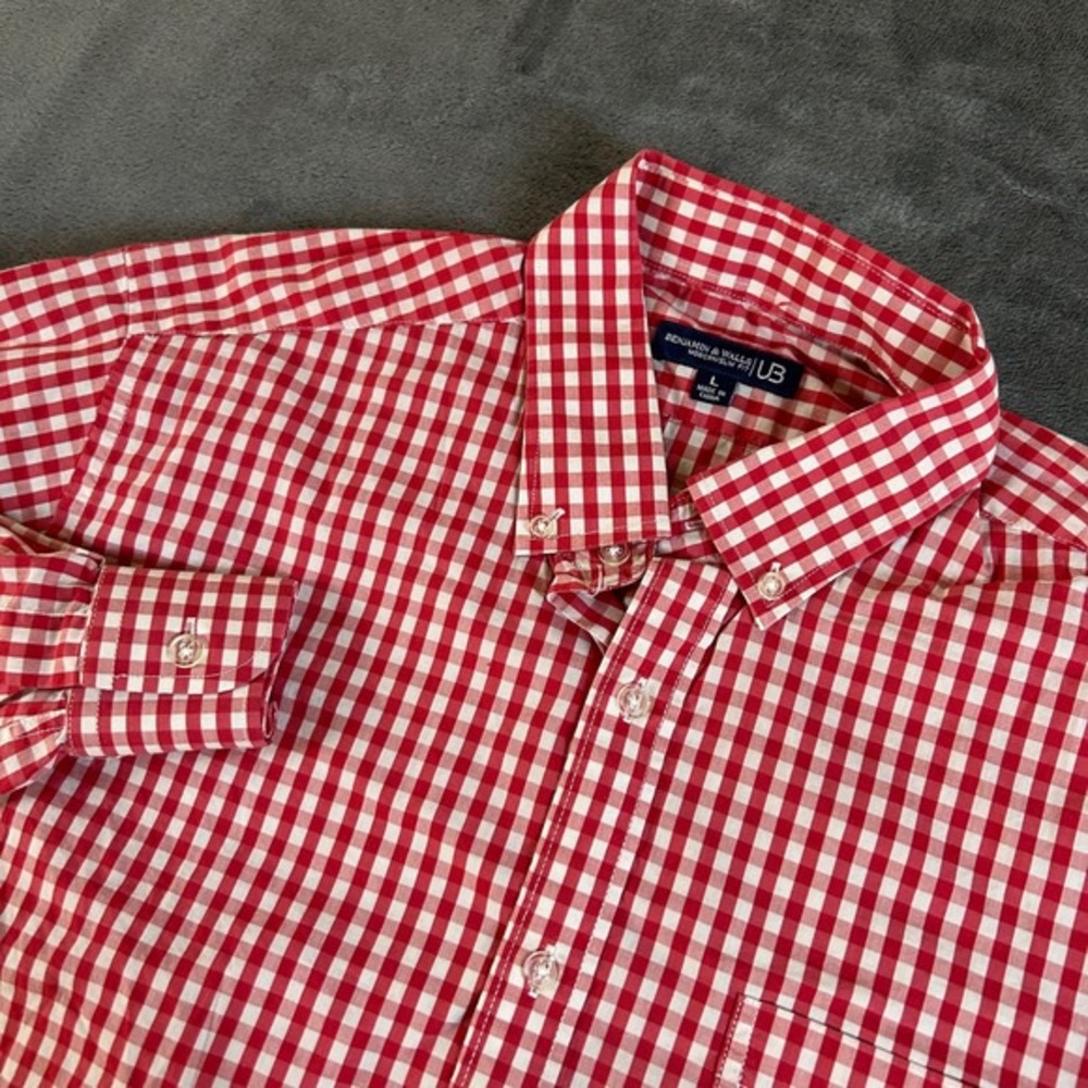 Benjamin Walls Gingham Button Up Shirt Slim Fit Long Sleeve Red White Mens Large